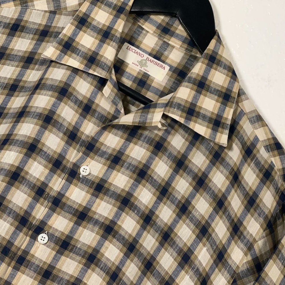 Luciano Barbera 100% Linen S/S Button Shirt Multicolor Plaid Men's Size S